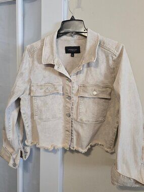 LIVERPOOL Los Angles Crop Mottled Tan Denim Trucker Jacket   Size L  Good